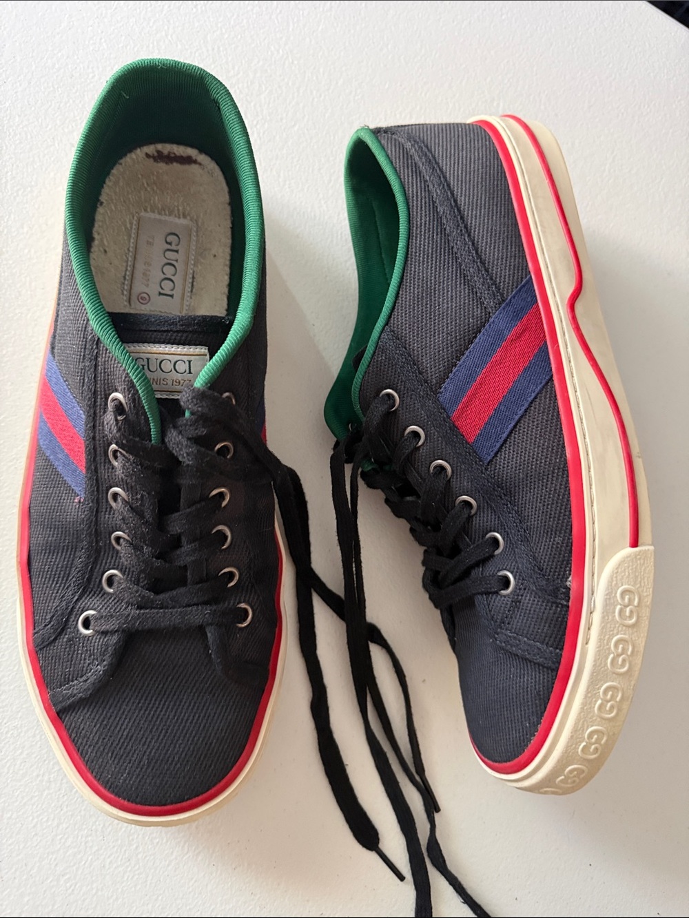 Gucci Men’s Black Canvas Sneakers with Red & Blue Stripe - Picture 3 of 11